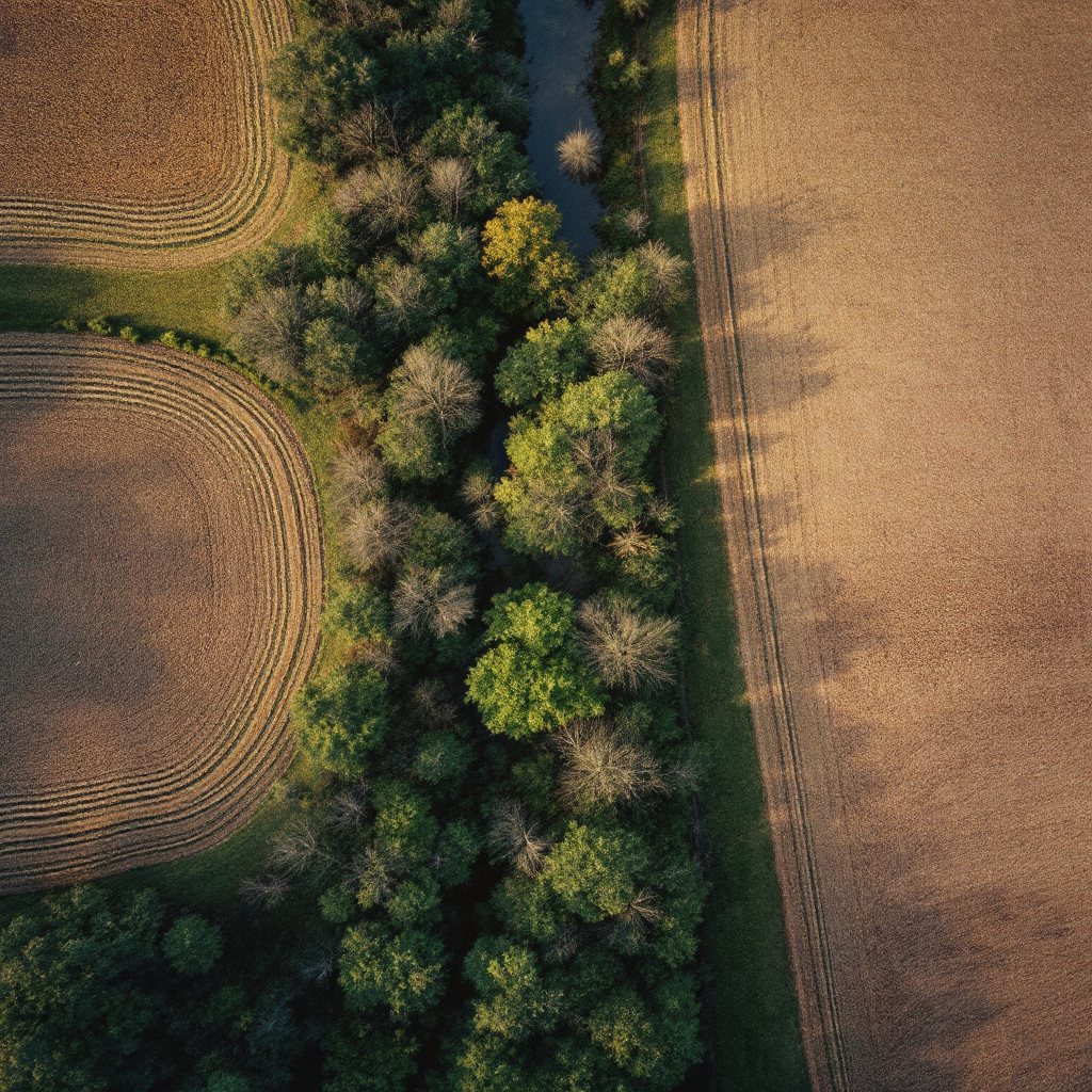 Aerial of Indiana farmland with wooded creek corridor and cleared parcel